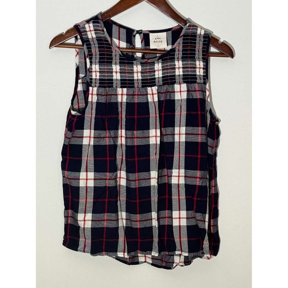 Knox Rose Sleeveless‎ Blouse Women Medium Navy Blue Red White Plaid Smocked Yoke